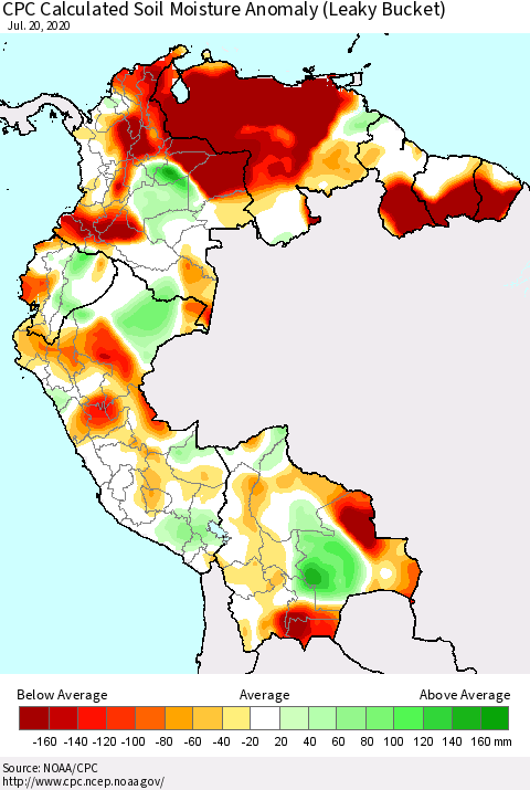 Northern South America CPC Calculated Soil Moisture Anomaly (Leaky Bucket) Thematic Map For 7/16/2020 - 7/20/2020