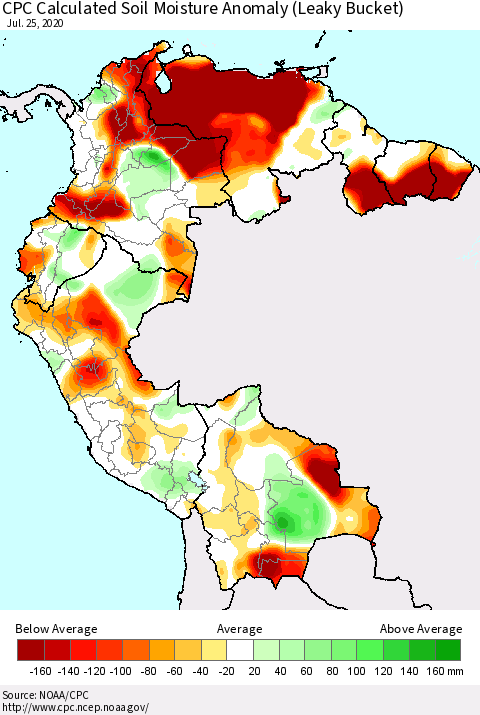 Northern South America CPC Calculated Soil Moisture Anomaly (Leaky Bucket) Thematic Map For 7/21/2020 - 7/25/2020