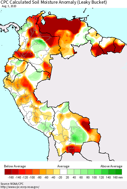 Northern South America CPC Calculated Soil Moisture Anomaly (Leaky Bucket) Thematic Map For 8/1/2020 - 8/5/2020