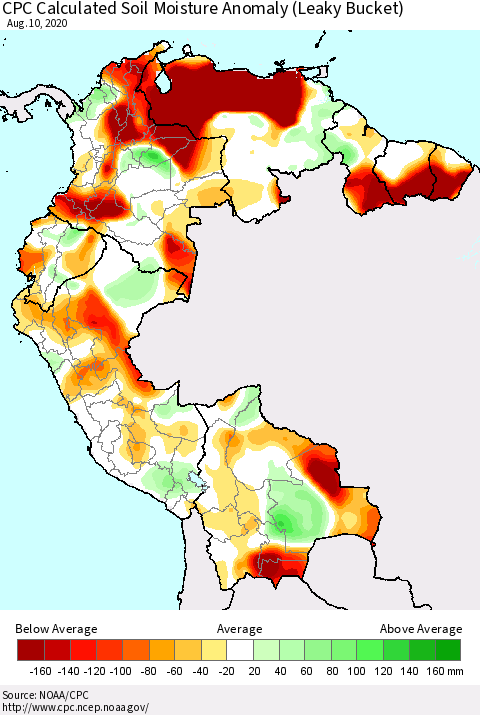 Northern South America CPC Calculated Soil Moisture Anomaly (Leaky Bucket) Thematic Map For 8/6/2020 - 8/10/2020