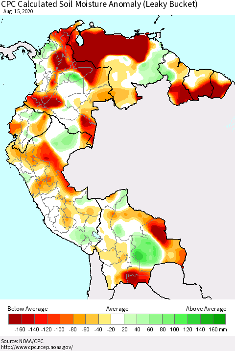 Northern South America CPC Soil Moisture Departure from Normal (Leaky Bucket) Thematic Map For 8/11/2020 - 8/15/2020