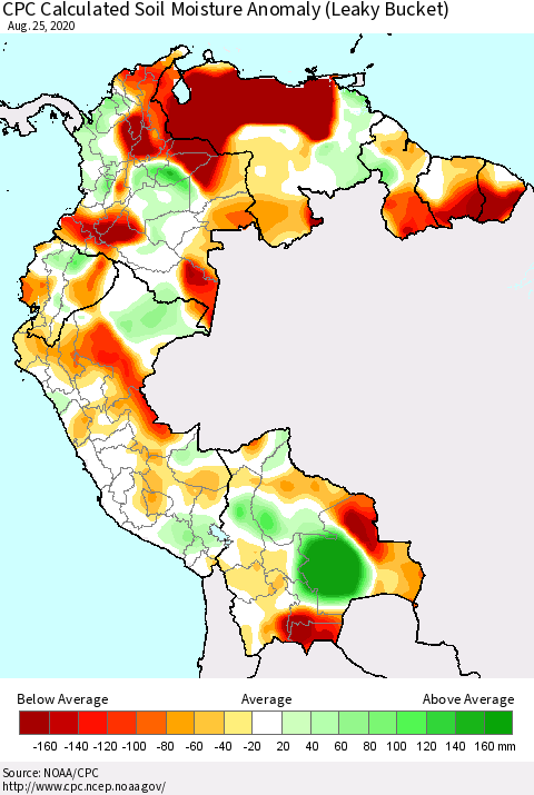 Northern South America CPC Calculated Soil Moisture Anomaly (Leaky Bucket) Thematic Map For 8/21/2020 - 8/25/2020