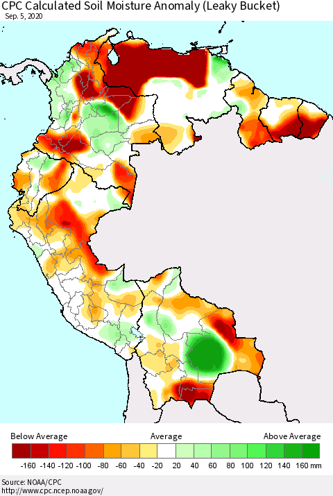 Northern South America CPC Calculated Soil Moisture Anomaly (Leaky Bucket) Thematic Map For 9/1/2020 - 9/5/2020