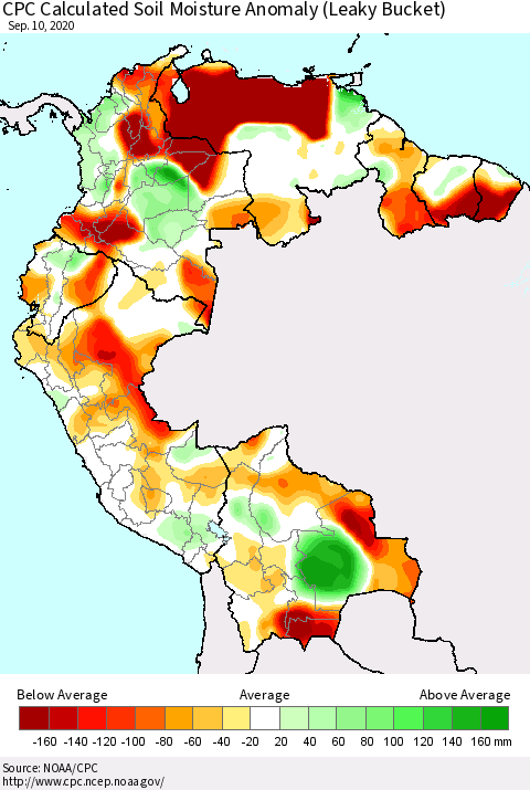 Northern South America CPC Calculated Soil Moisture Anomaly (Leaky Bucket) Thematic Map For 9/6/2020 - 9/10/2020
