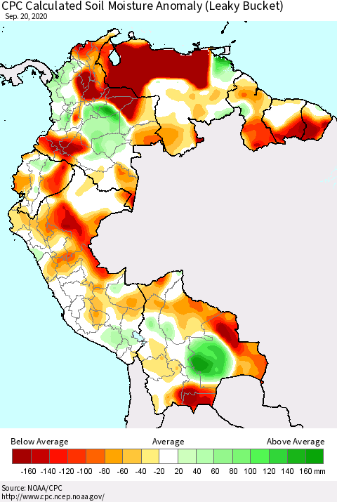 Northern South America CPC Calculated Soil Moisture Anomaly (Leaky Bucket) Thematic Map For 9/16/2020 - 9/20/2020