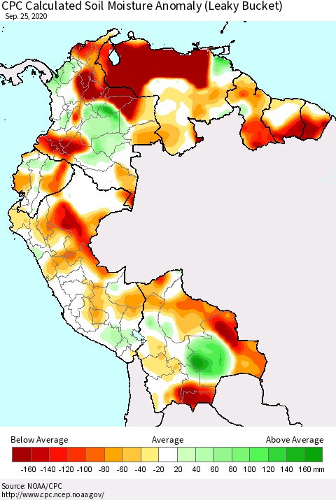 Northern South America CPC Calculated Soil Moisture Anomaly (Leaky Bucket) Thematic Map For 9/21/2020 - 9/25/2020