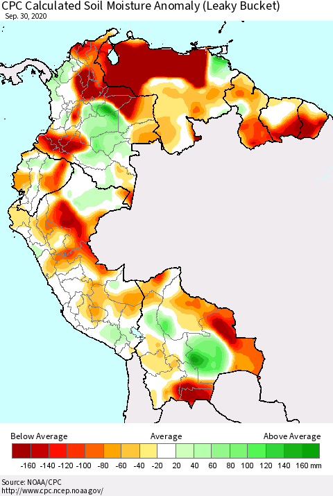 Northern South America CPC Calculated Soil Moisture Anomaly (Leaky Bucket) Thematic Map For 9/26/2020 - 9/30/2020