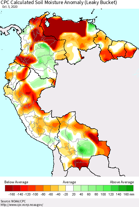 Northern South America CPC Calculated Soil Moisture Anomaly (Leaky Bucket) Thematic Map For 10/1/2020 - 10/5/2020