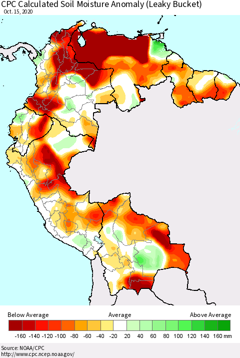 Northern South America CPC Calculated Soil Moisture Anomaly (Leaky Bucket) Thematic Map For 10/11/2020 - 10/15/2020