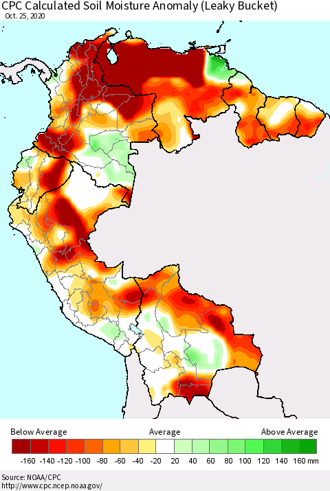 Northern South America CPC Calculated Soil Moisture Anomaly (Leaky Bucket) Thematic Map For 10/21/2020 - 10/25/2020