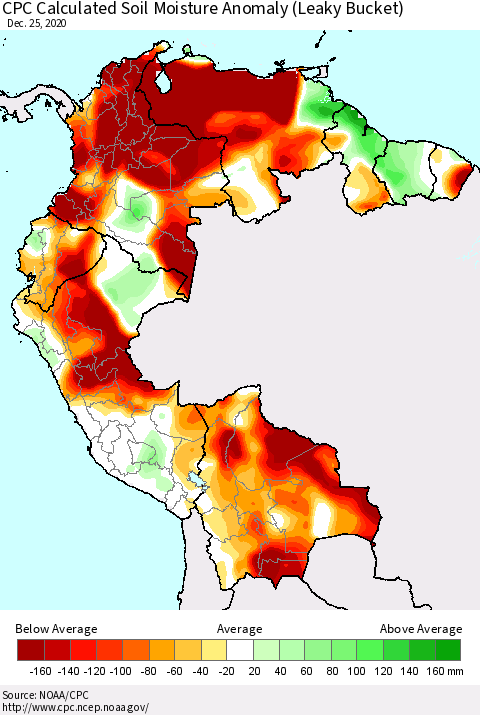 Northern South America CPC Calculated Soil Moisture Anomaly (Leaky Bucket) Thematic Map For 12/21/2020 - 12/25/2020