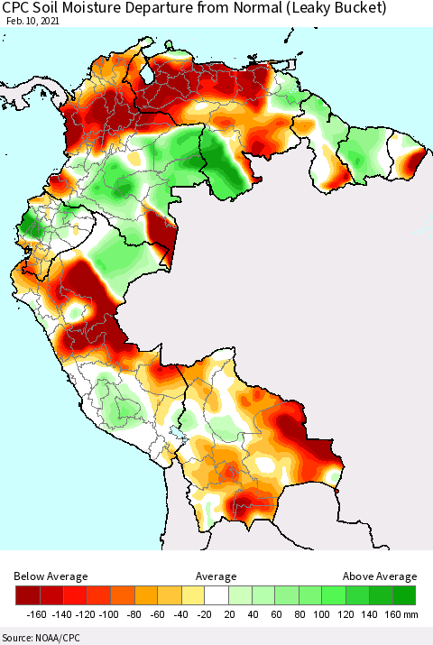 Northern South America CPC Calculated Soil Moisture Anomaly (Leaky Bucket) Thematic Map For 2/6/2021 - 2/10/2021