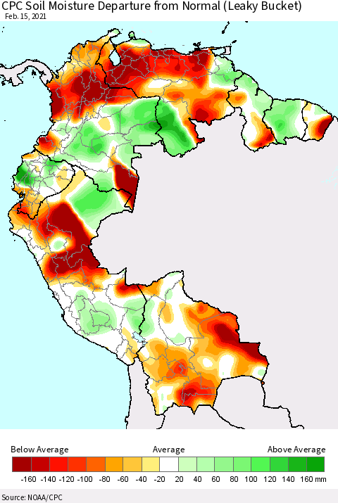 Northern South America CPC Calculated Soil Moisture Anomaly (Leaky Bucket) Thematic Map For 2/11/2021 - 2/15/2021