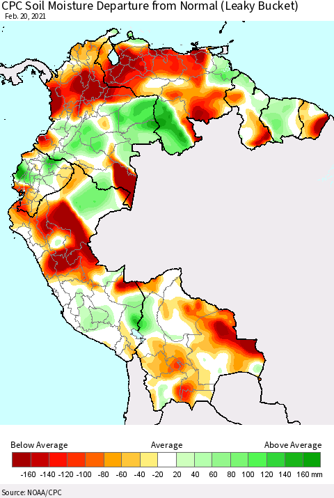 Northern South America CPC Calculated Soil Moisture Anomaly (Leaky Bucket) Thematic Map For 2/16/2021 - 2/20/2021