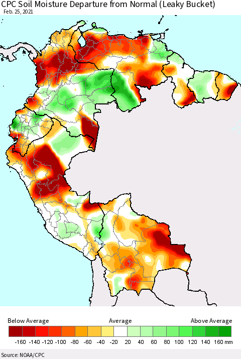 Northern South America CPC Soil Moisture Departure from Normal (Leaky Bucket) Thematic Map For 2/21/2021 - 2/25/2021