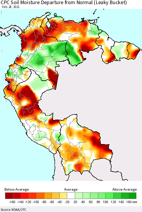 Northern South America CPC Calculated Soil Moisture Anomaly (Leaky Bucket) Thematic Map For 2/26/2021 - 2/28/2021