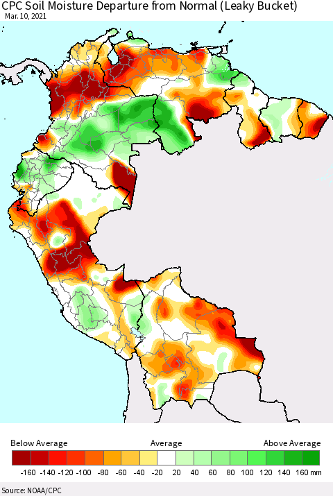 Northern South America CPC Calculated Soil Moisture Anomaly (Leaky Bucket) Thematic Map For 3/6/2021 - 3/10/2021