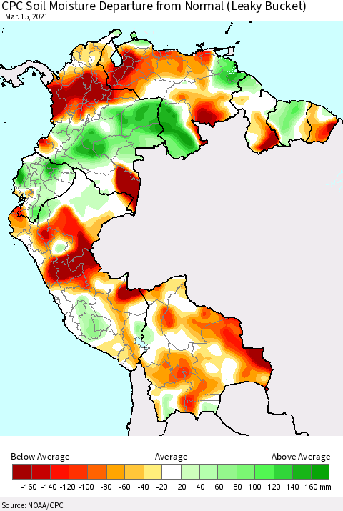 Northern South America CPC Calculated Soil Moisture Anomaly (Leaky Bucket) Thematic Map For 3/11/2021 - 3/15/2021
