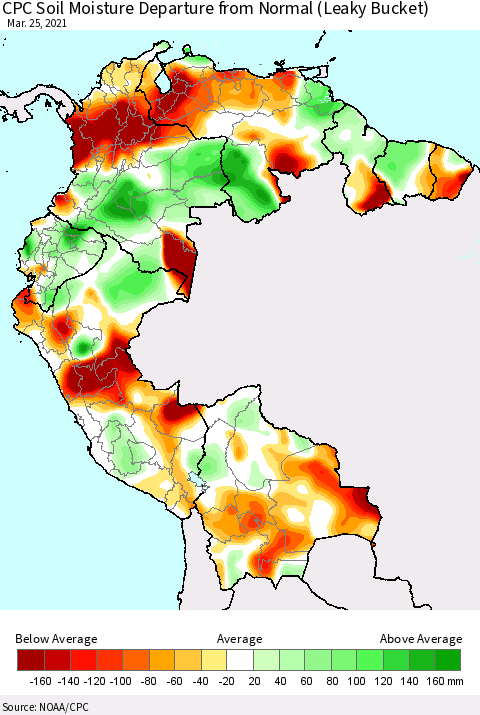 Northern South America CPC Calculated Soil Moisture Anomaly (Leaky Bucket) Thematic Map For 3/21/2021 - 3/25/2021