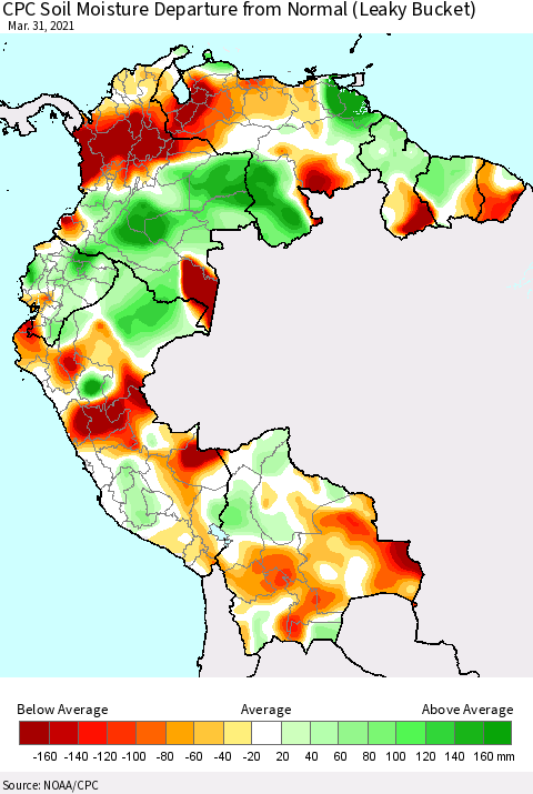 Northern South America CPC Calculated Soil Moisture Anomaly (Leaky Bucket) Thematic Map For 3/26/2021 - 3/31/2021