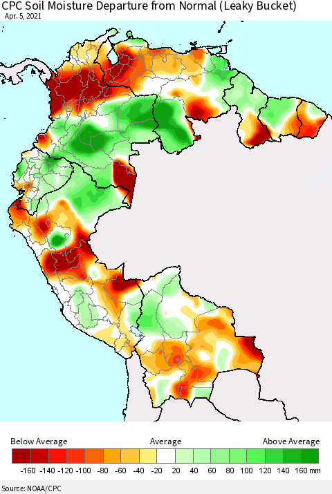 Northern South America CPC Soil Moisture Departure from Normal (Leaky Bucket) Thematic Map For 4/1/2021 - 4/5/2021