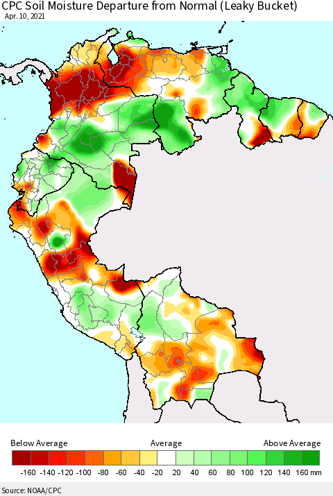 Northern South America CPC Calculated Soil Moisture Anomaly (Leaky Bucket) Thematic Map For 4/6/2021 - 4/10/2021