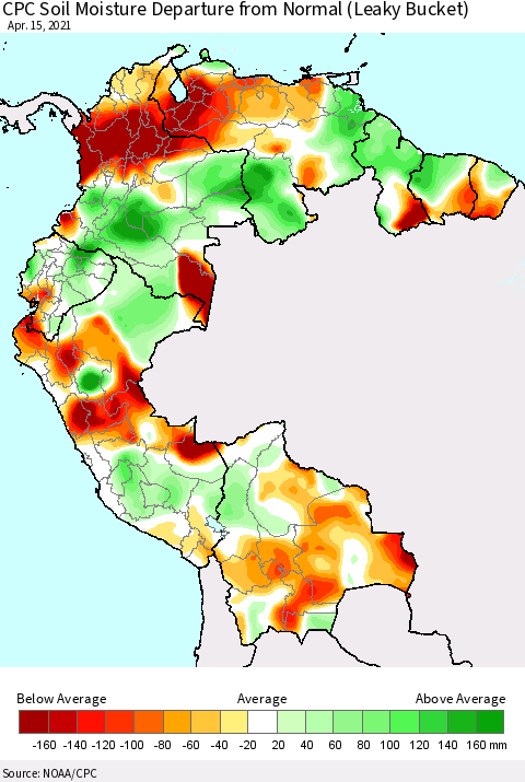 Northern South America CPC Calculated Soil Moisture Anomaly (Leaky Bucket) Thematic Map For 4/11/2021 - 4/15/2021