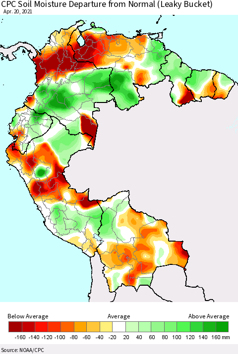 Northern South America CPC Soil Moisture Departure from Normal (Leaky Bucket) Thematic Map For 4/16/2021 - 4/20/2021