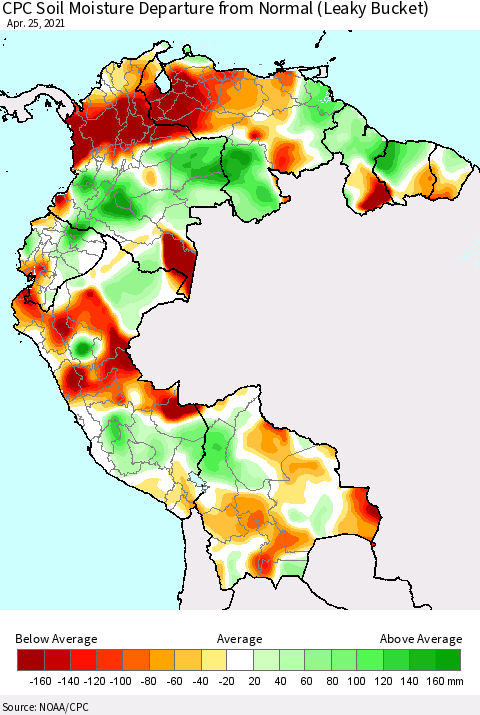 Northern South America CPC Calculated Soil Moisture Anomaly (Leaky Bucket) Thematic Map For 4/21/2021 - 4/25/2021