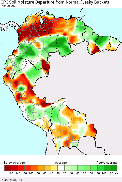 Northern South America CPC Soil Moisture Departure from Normal (Leaky Bucket) Thematic Map For 4/26/2021 - 4/30/2021