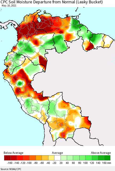 Northern South America CPC Calculated Soil Moisture Anomaly (Leaky Bucket) Thematic Map For 5/6/2021 - 5/10/2021