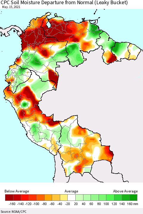 Northern South America CPC Calculated Soil Moisture Anomaly (Leaky Bucket) Thematic Map For 5/11/2021 - 5/15/2021