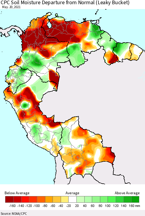 Northern South America CPC Calculated Soil Moisture Anomaly (Leaky Bucket) Thematic Map For 5/16/2021 - 5/20/2021