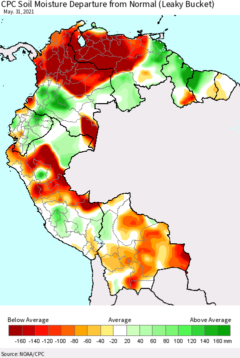 Northern South America CPC Soil Moisture Departure from Normal (Leaky Bucket) Thematic Map For 5/26/2021 - 5/31/2021