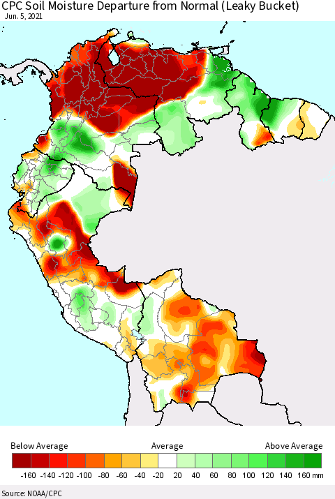 Northern South America CPC Calculated Soil Moisture Anomaly (Leaky Bucket) Thematic Map For 6/1/2021 - 6/5/2021