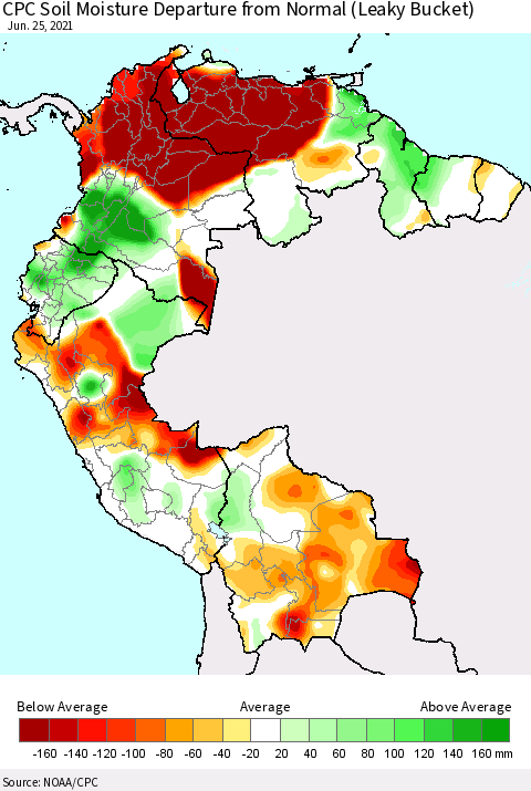 Northern South America CPC Calculated Soil Moisture Anomaly (Leaky Bucket) Thematic Map For 6/21/2021 - 6/25/2021
