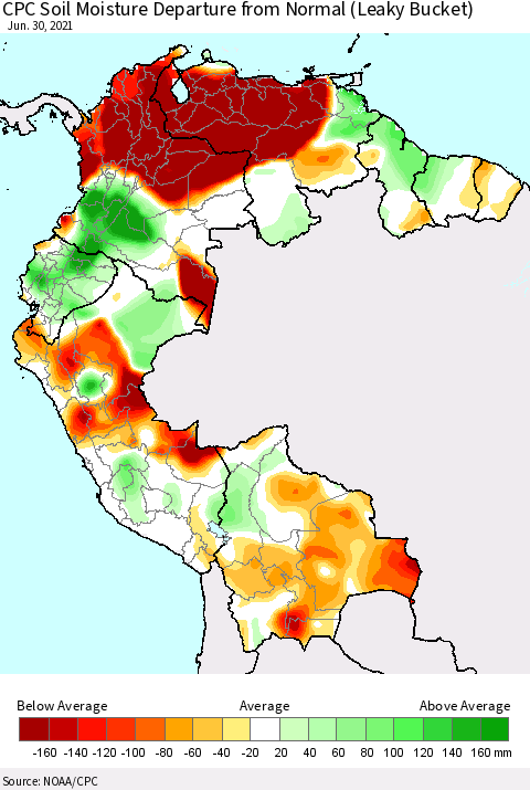 Northern South America CPC Calculated Soil Moisture Anomaly (Leaky Bucket) Thematic Map For 6/26/2021 - 6/30/2021