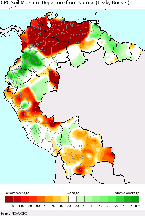 Northern South America CPC Calculated Soil Moisture Anomaly (Leaky Bucket) Thematic Map For 7/1/2021 - 7/5/2021