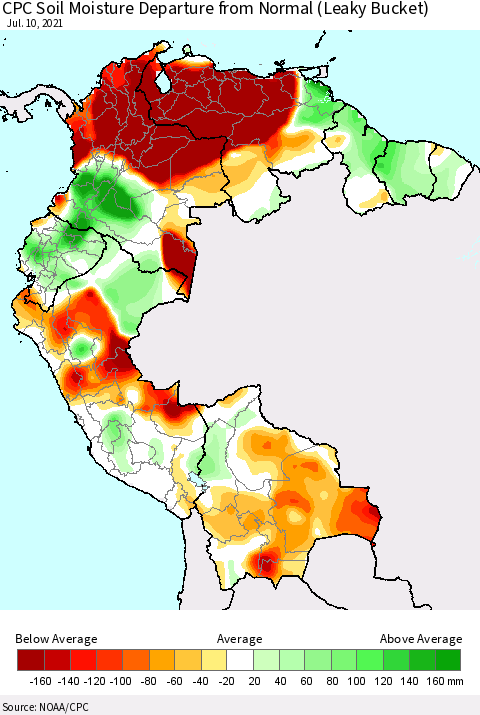 Northern South America CPC Calculated Soil Moisture Anomaly (Leaky Bucket) Thematic Map For 7/6/2021 - 7/10/2021