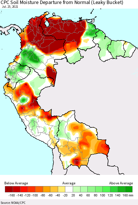 Northern South America CPC Calculated Soil Moisture Anomaly (Leaky Bucket) Thematic Map For 7/21/2021 - 7/25/2021