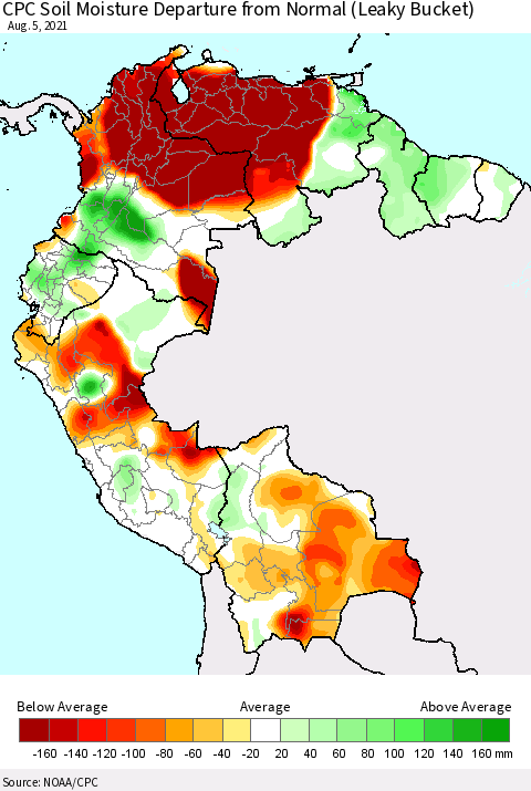 Northern South America CPC Calculated Soil Moisture Anomaly (Leaky Bucket) Thematic Map For 8/1/2021 - 8/5/2021