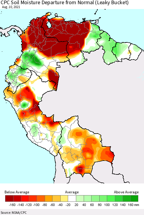 Northern South America CPC Calculated Soil Moisture Anomaly (Leaky Bucket) Thematic Map For 8/6/2021 - 8/10/2021