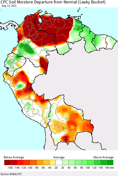 Northern South America CPC Calculated Soil Moisture Anomaly (Leaky Bucket) Thematic Map For 8/11/2021 - 8/15/2021