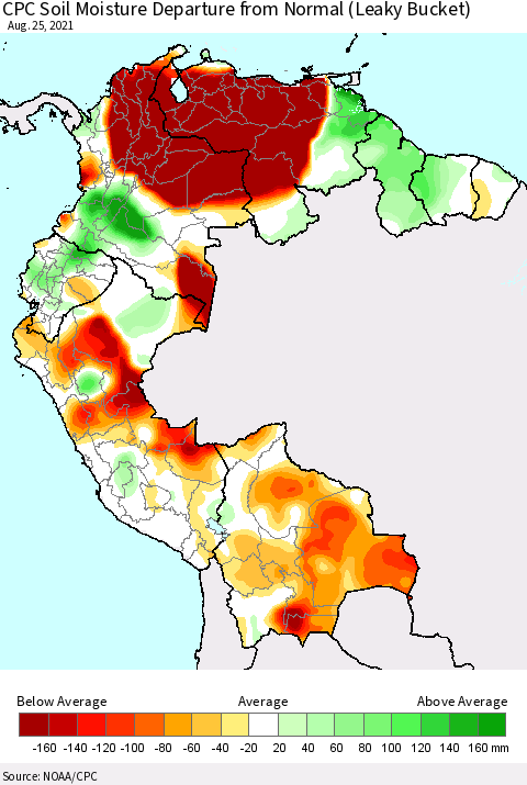 Northern South America CPC Soil Moisture Departure from Normal (Leaky Bucket) Thematic Map For 8/21/2021 - 8/25/2021