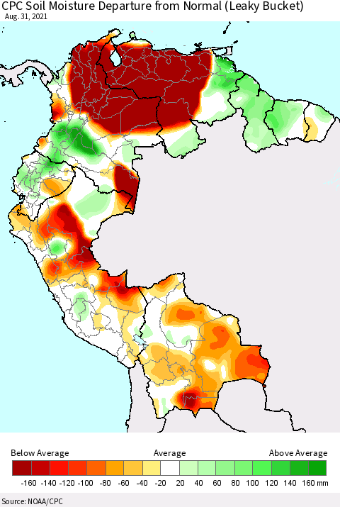 Northern South America CPC Calculated Soil Moisture Anomaly (Leaky Bucket) Thematic Map For 8/26/2021 - 8/31/2021