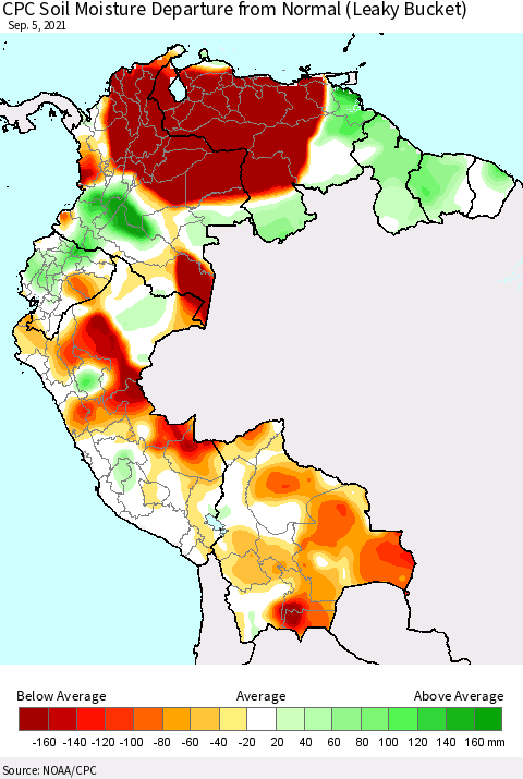 Northern South America CPC Calculated Soil Moisture Anomaly (Leaky Bucket) Thematic Map For 9/1/2021 - 9/5/2021