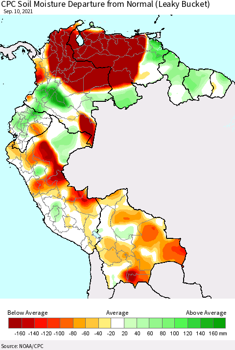 Northern South America CPC Calculated Soil Moisture Anomaly (Leaky Bucket) Thematic Map For 9/6/2021 - 9/10/2021