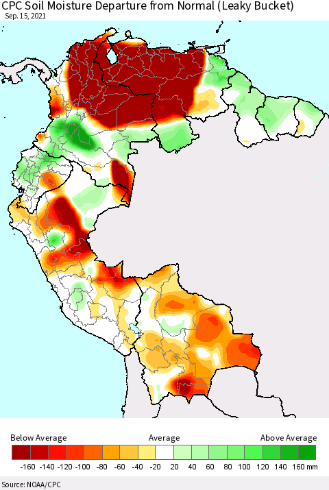 Northern South America CPC Calculated Soil Moisture Anomaly (Leaky Bucket) Thematic Map For 9/11/2021 - 9/15/2021