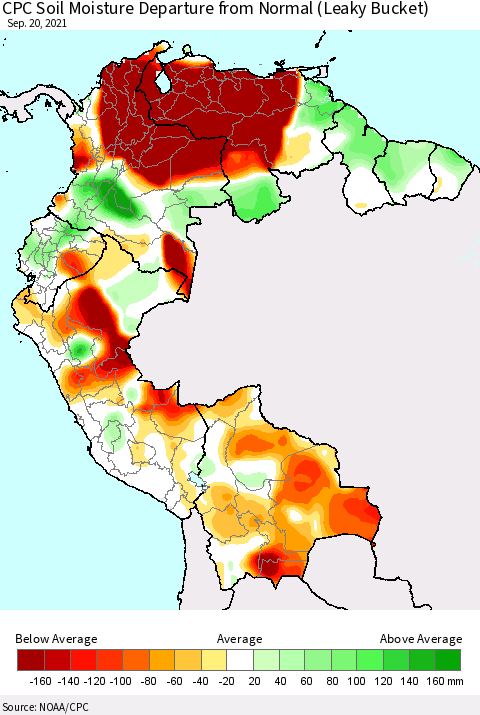 Northern South America CPC Calculated Soil Moisture Anomaly (Leaky Bucket) Thematic Map For 9/16/2021 - 9/20/2021