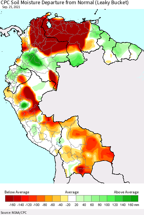 Northern South America CPC Calculated Soil Moisture Anomaly (Leaky Bucket) Thematic Map For 9/21/2021 - 9/25/2021
